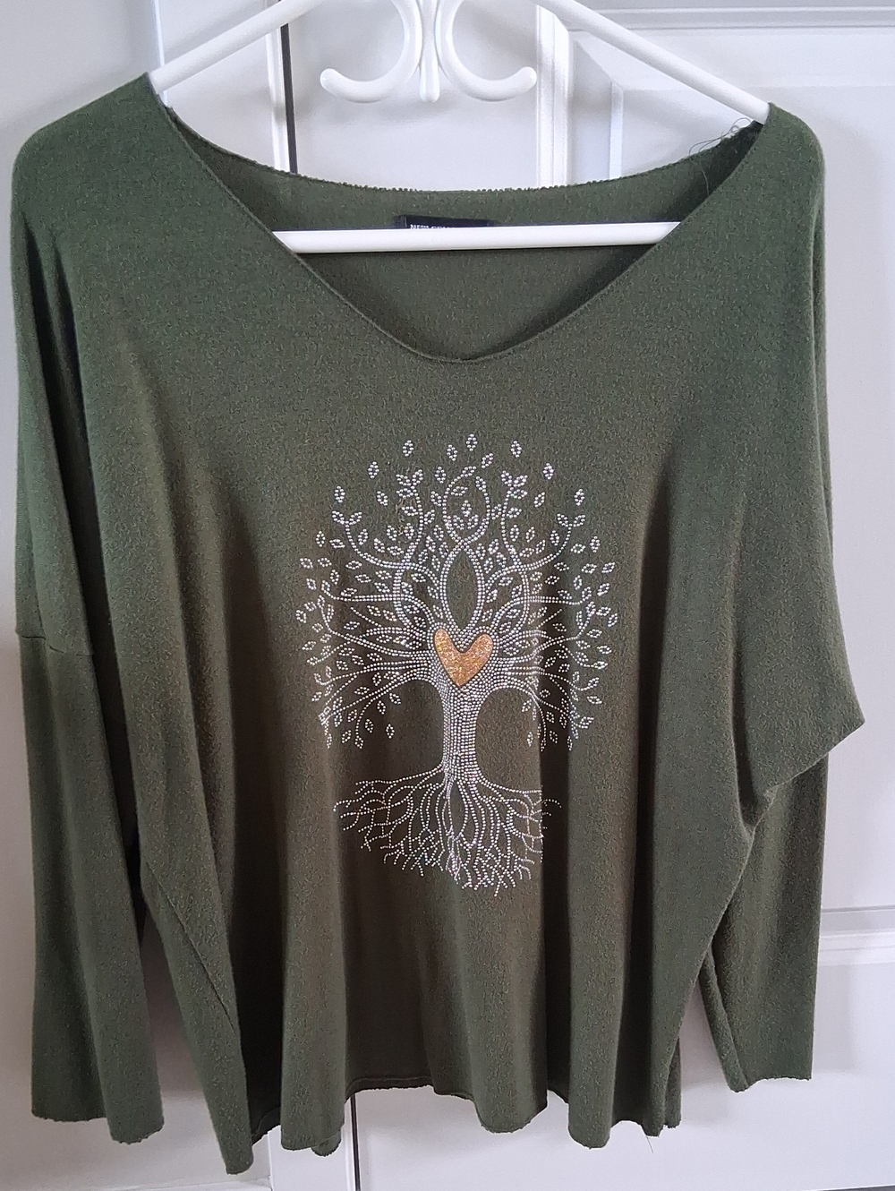 Women's Olive Green Long Sleeve Tree Motif Top with Gold Heart